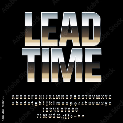 Vector Chrome Logo Lead Time for Business. Chic Silver Alphabet Letters, Numbers and Punctuation Symbols