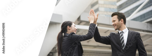 businessman and businesswoman hands high five meeting greeting. panoramic banner with copy space.