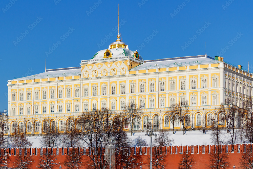Grand Kremlin Palace in winter on a blue sky background