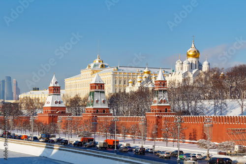 Kremlevskaya embankment under walls of Moscow Kremlin at sunny winter day. Moscow in winter