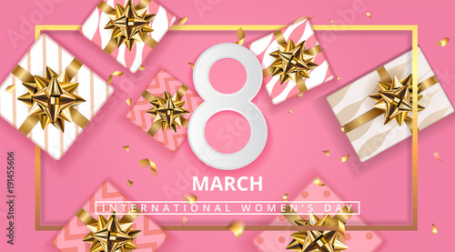 Pink Gift box background for March 8, International Womens Day, Birthday , Valentines Day or Mothers day - Top View. Pink shop certificate or Gift greeting card. Vector illustration. EPS 10