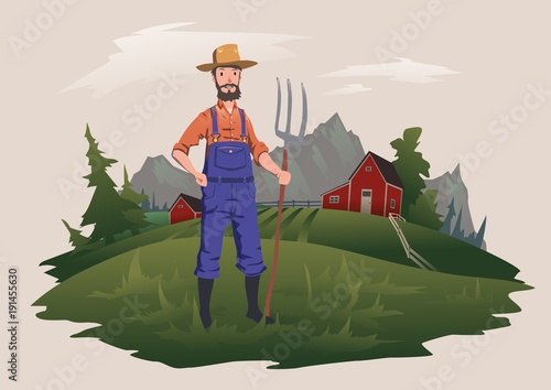 Farmer standing with a pitchfork on the farm. Mountain rural landscape in the background. Ranchman character, vector isolated illustration.