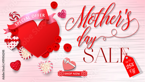 Mothers day sale 25% off banner template for social media advertising, invitation or poster design.