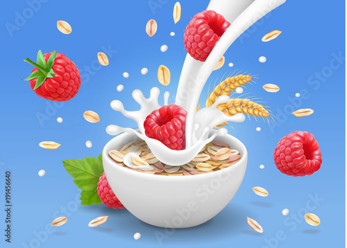 Porridge oats in bowl with raspberry. Oatmeal cereal and berries advertising. Breakfast with oatflakes