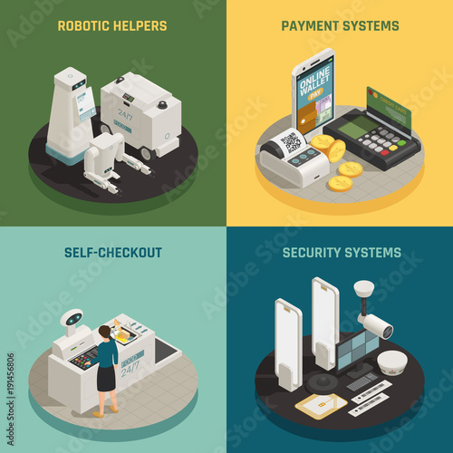 Supermarket Payment Technologies Isometric Concept 