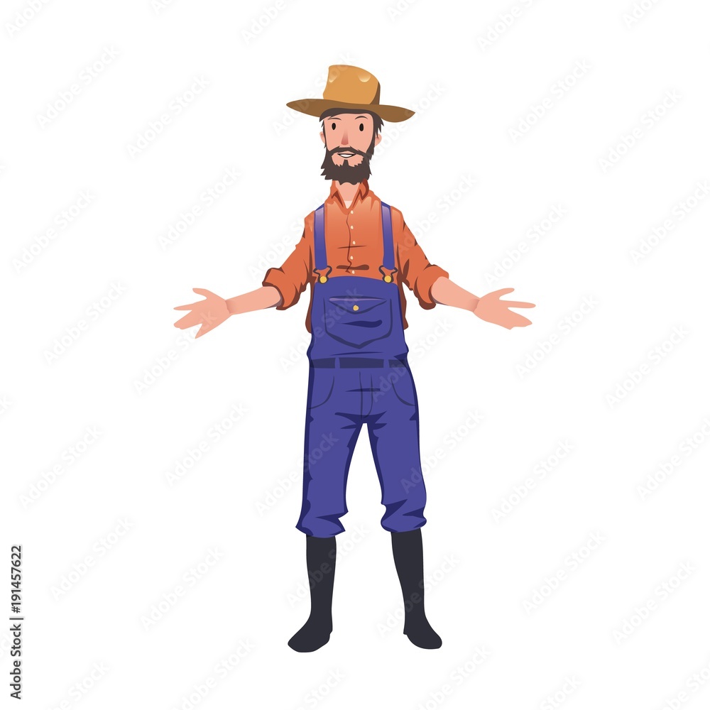 Standing the farmer in the hat greeting someone. Vector illustration, isolated on white background.