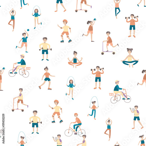 Active lifestyle  sports entertainment outdoors. Young people in city park. Seamless pattern  vector background illustration on white.