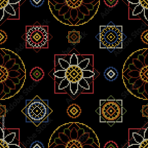 Cross stitch vector illustration. Bright seamless dark pattern background for floral napkins.