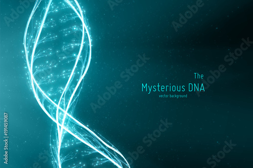 Vector abstract DNA double helix illustration. Mysterious source of life background. Genom futuristic image. Conceptual design of genetics information.