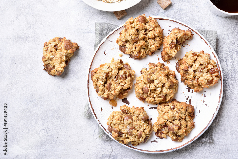 Oatmeal cookies on plate, close up view Oatmeal cookies on plate, close up view