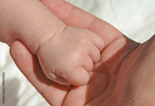 New born clenched baby girl hand in mother's hand