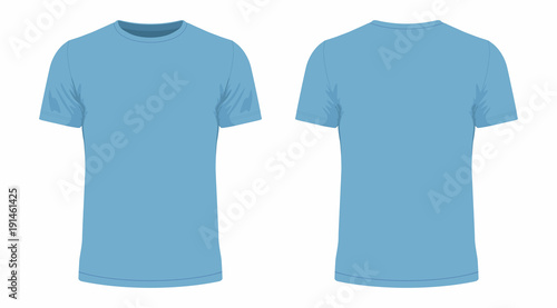 Front and back views of men's blue t-shirt on white background