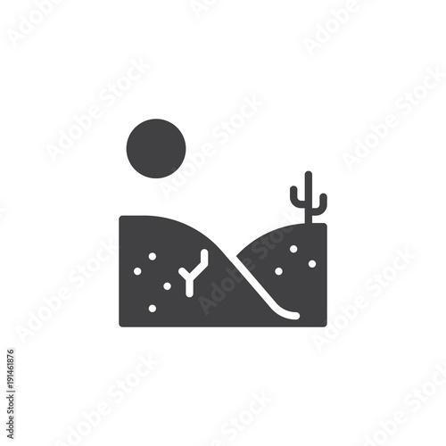 Desert landscape icon vector, filled flat sign, solid pictogram isolated on white. Dry desert under sun symbol, logo illustration.