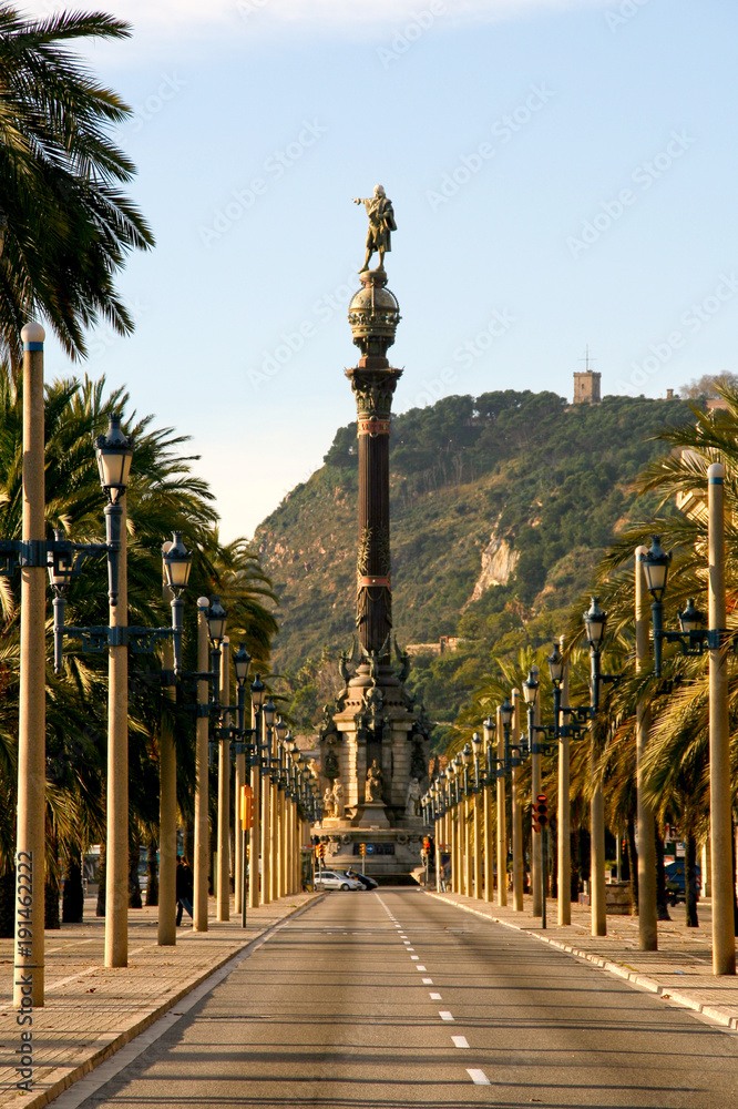 Barcelona, Catalonia, Spain - Columbus boulevard with the statue od Columbus