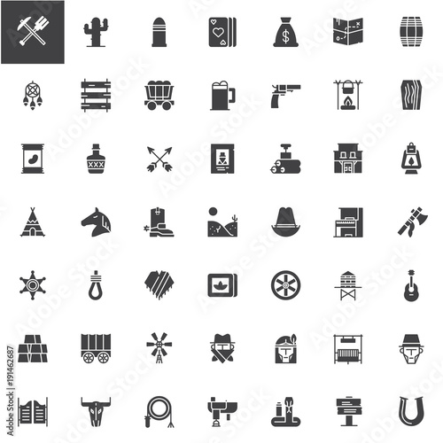 Wild west vector icons set, modern solid symbol collection, filled style pictogram pack. Signs, logo illustration. Set includes icons as dreamcatcher, cowboy, western, sheriff, bandit, saloon, ranch