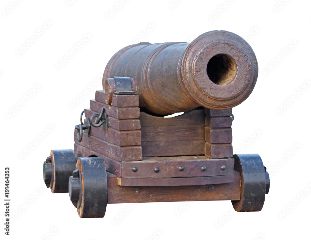 Old medieval artillery canon on white