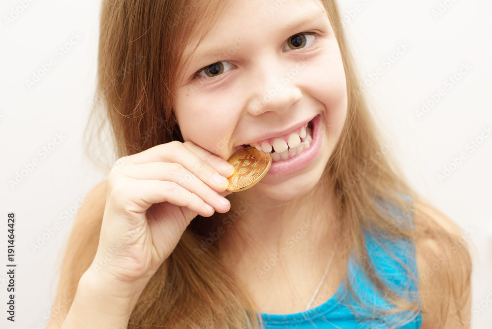 little girl with bitcoin. child and bitcoin. little girl with bitcoin. child and bitcoin.