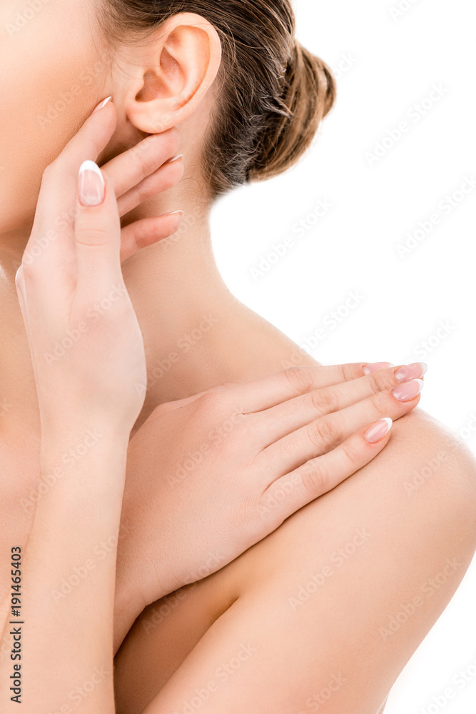 cropped view of woman with perfect skin, isolated on white cropped view of woman with perfect skin, isolated on white