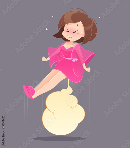 Woman in pink nightgown farting.