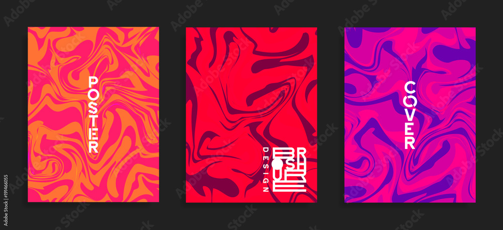 Modern flyer templates. Fluid colors mixture. Abstract marble effect vector background. Cover, brochure, poster trendy design.