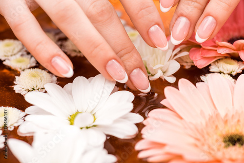 cropped view of woman making spa procedure with flowers for nails