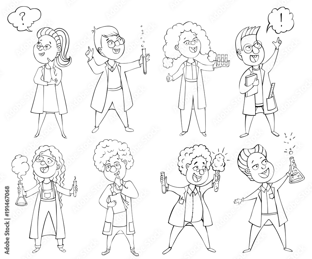 Children scientists set. Cartoon characters. Isolated elements. Black and white vector illustration Children scientists set. Cartoon characters. Isolated elements. Black and white vector illustration