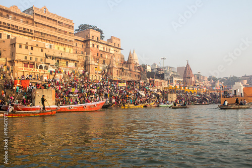 Varanasi Ghats, Diwali Festival, Ganges River and Boats, Uttar Pradesh, India 