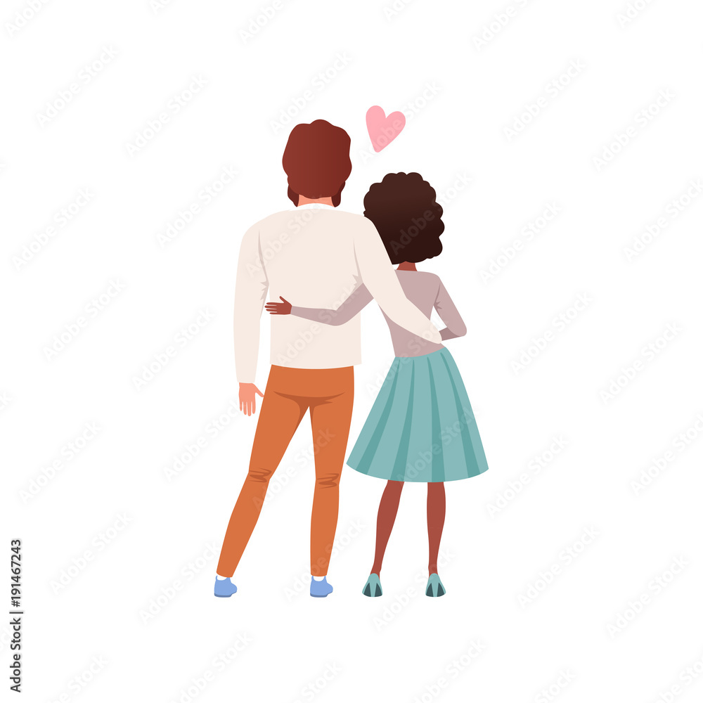 Young man and woman characters standing embracing back view, happy romantic  couple in love cartoon vector Illustration Stock Vector | Adobe Stock
