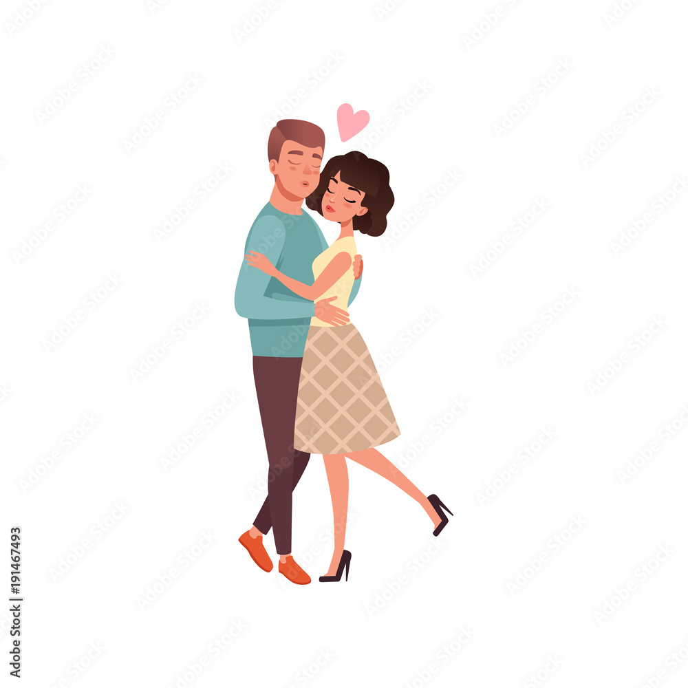 Young man and woman characters in love hugging and kissing, happy romantic  loving couple cartoon vector Illustration Stock Vector | Adobe Stock