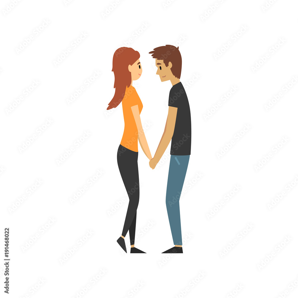 Young man and woman characters holding hands, looking at each other, happy romantic loving couple cartoon vector Illustration