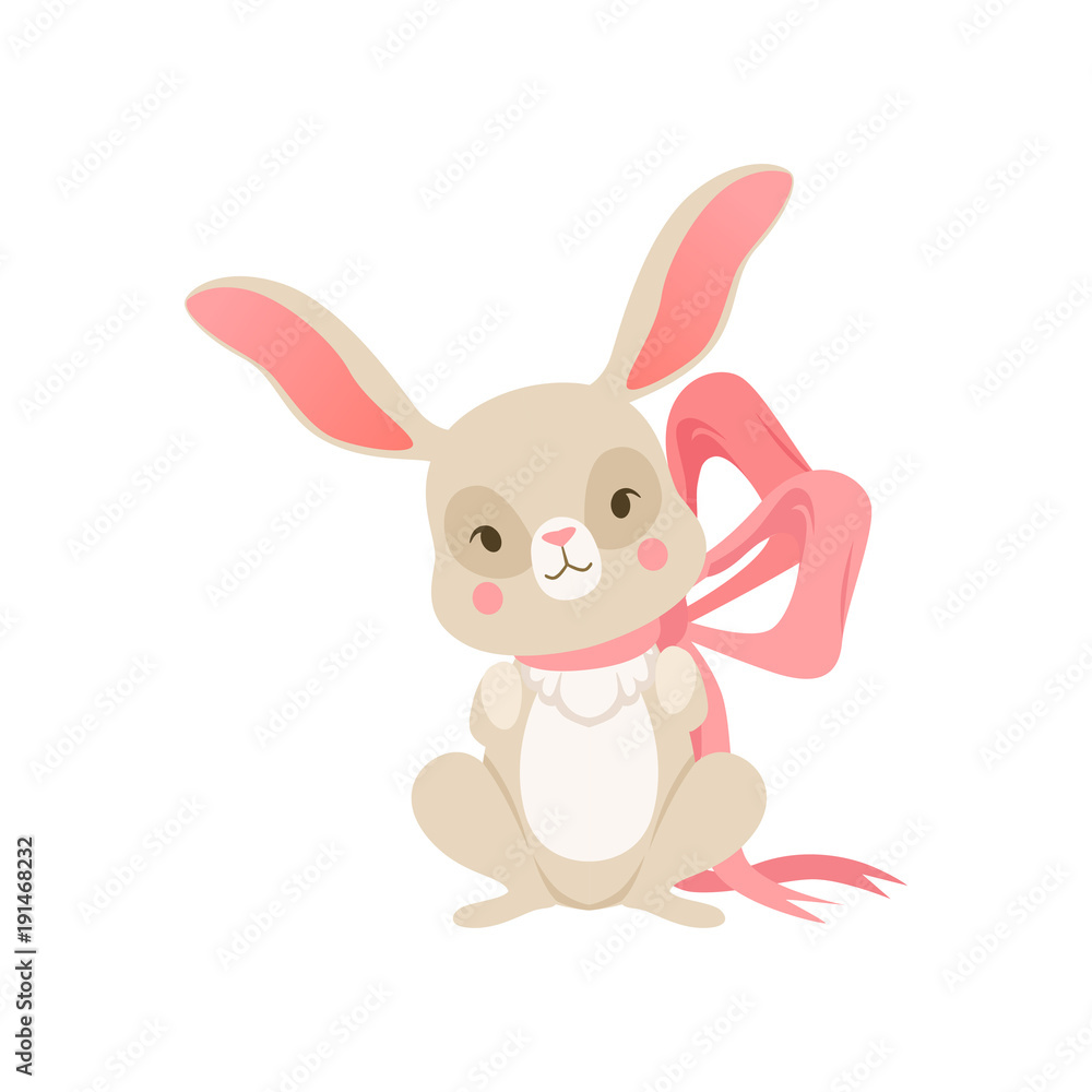 Fototapeta premium Cute cartoon bunny with pink bow, funny rabbit character, Happy Easter concept cartoon vector Illustration