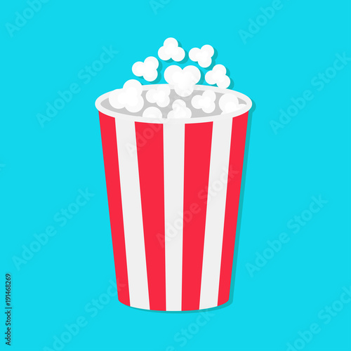 Popcorn round bucket box. Movie Cinema icon in flat design style. Pop corn popping. Blue background. Fast food.