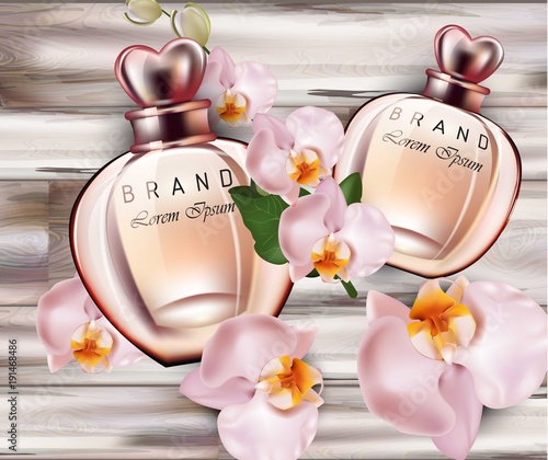 Orchid flower perfume bottles Vector realistic. Product packaging mock up designs