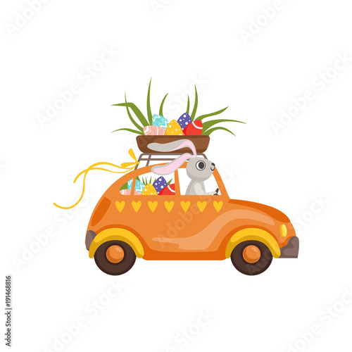 Little bunny driving vintage car with Easter eggs basket, funny rabbit character, Happy Easter concept cartoon vector Illustration