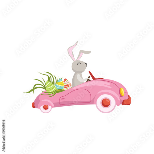 Cute bunny driving pink vintage car decorated with Easter eggs, funny rabbit character, Happy Easter concept cartoon vector Illustration