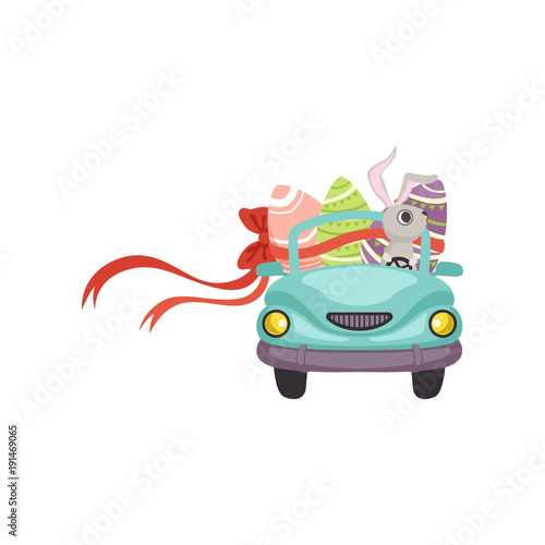 Cute bunny driving blue vintage car decorated with Easter eggs, funny rabbit character, Happy Easter concept cartoon vector Illustration