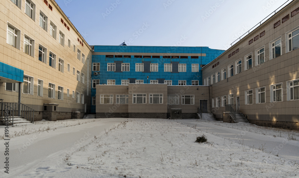 School building. Modern architecture. Secondary school in the city of Ust-Kamenogorsk, Kazakhstan