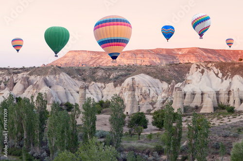 Colorful hot air balloons flying over the Red valley at sunrise in Cappadocia, Anatolia, Turkey