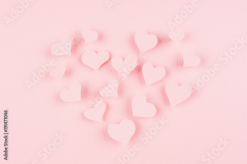 Shape heart of pink paper flying hearts on soft pink color background. Valentines day design. © finepoints