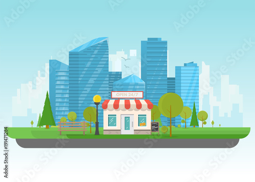 Private store building. Store building near park with trees and big city skyscrapers on background. Flat vector illustration. Tree and bushes with street lamp. Front view of store facade.