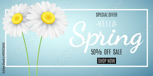 Spring sale concept. Special offer. Advertising web banner for sale. Chamomile on a blue background. Seasonal daisy flower. Hello spring. Calligraphic text. Vector illustration