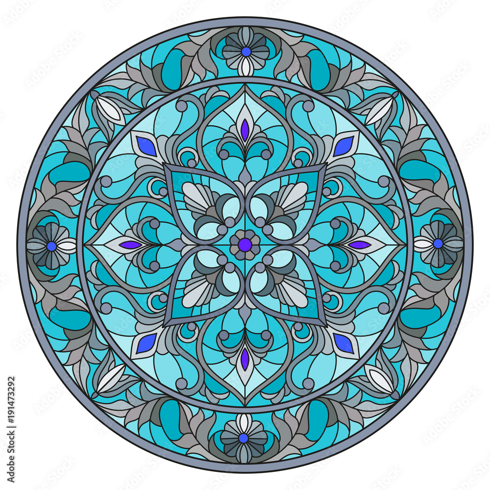 Illustration in stained glass style, round mirror image with floral ornaments and swirls Illustration in stained glass style, round mirror image with floral ornaments and swirls