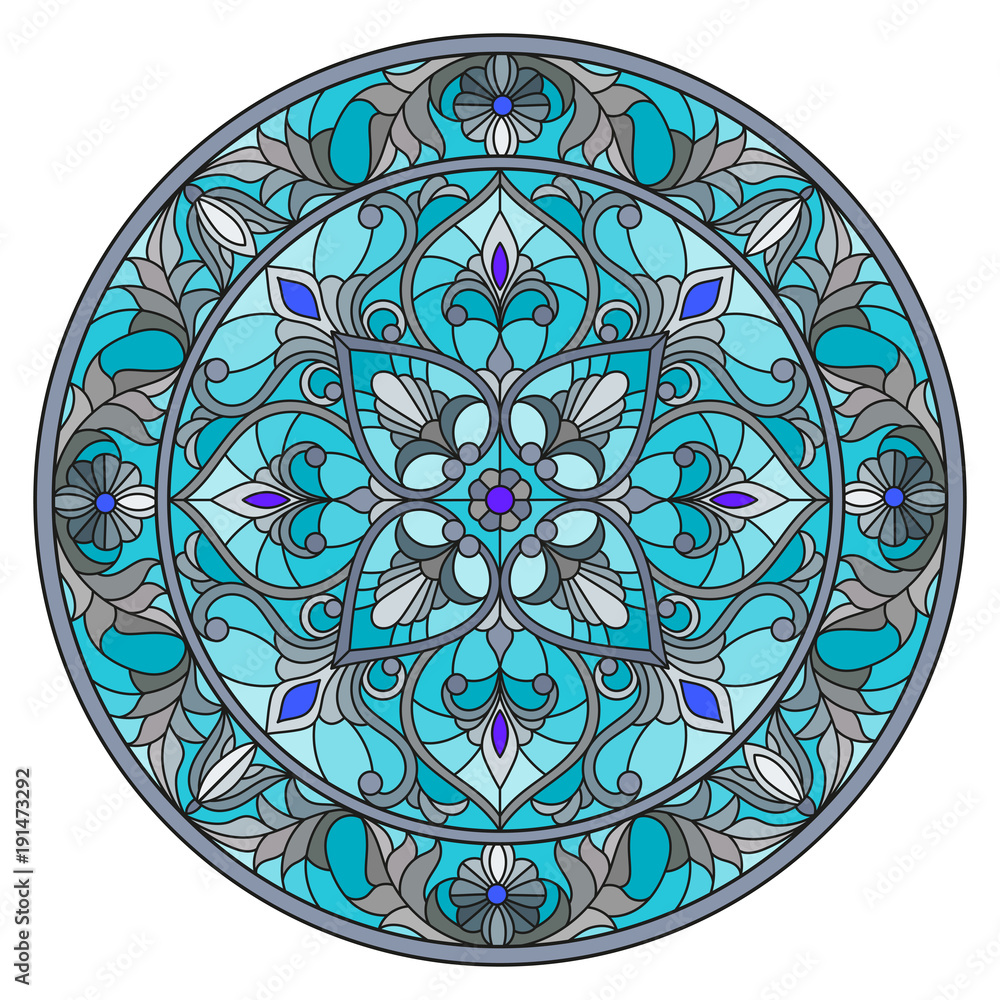 Illustration in stained glass style, round mirror image with floral ornaments and swirls