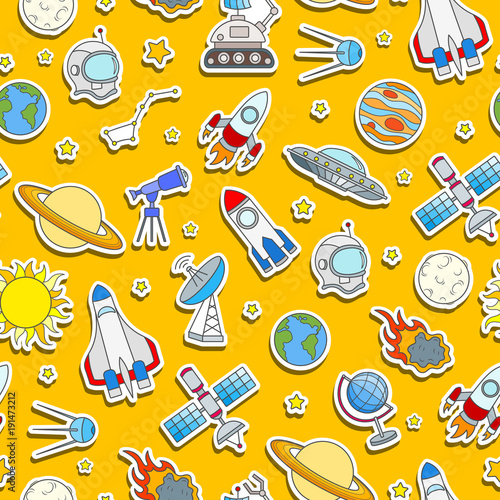 Seamless pattern on the theme of space and space travel color sticker icons on orange background photo