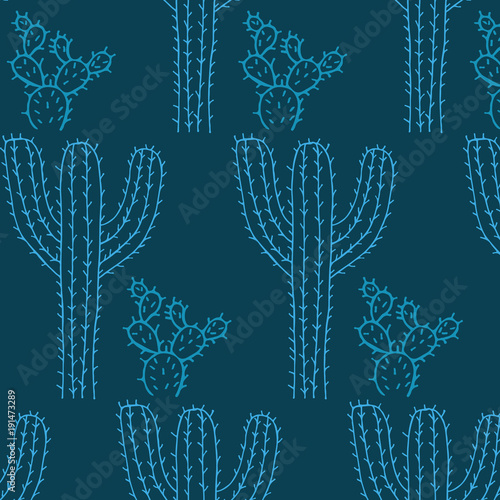 Hand drawn cactus vector pattern in a blue color palette