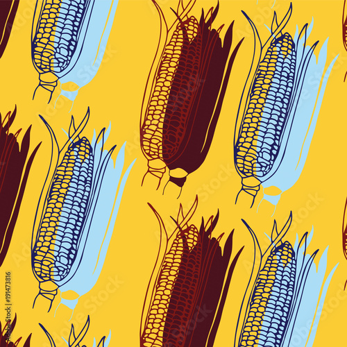 Vector hand drawn Corn cobs pattern in yellow, reed and blue colors palette