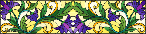 Illustration in stained glass style with abstract  swirls,purple flowers and leaves  on a yellow  background,horizontal orientation