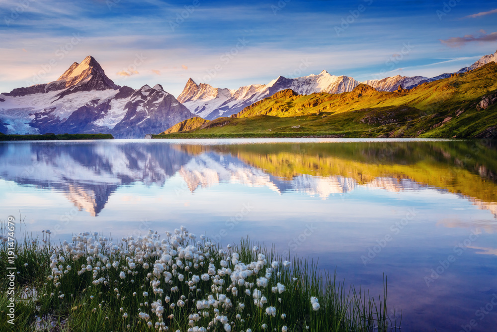 Great view of Bernese range above Bachalpsee lake. Location Swiss alps, Grindelwald valley.