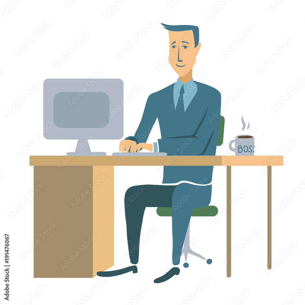 A young smiling businessman or office worker sitting at a table and working at a computer. Man character illustration, isolated on white background. A young smiling businessman or office worker sitting at a table and working at a computer. Man character illustration, isolated on white background.