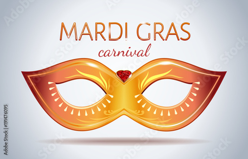 Mardi Gras festival design. Golden carnival mask with gems. Vector illustration